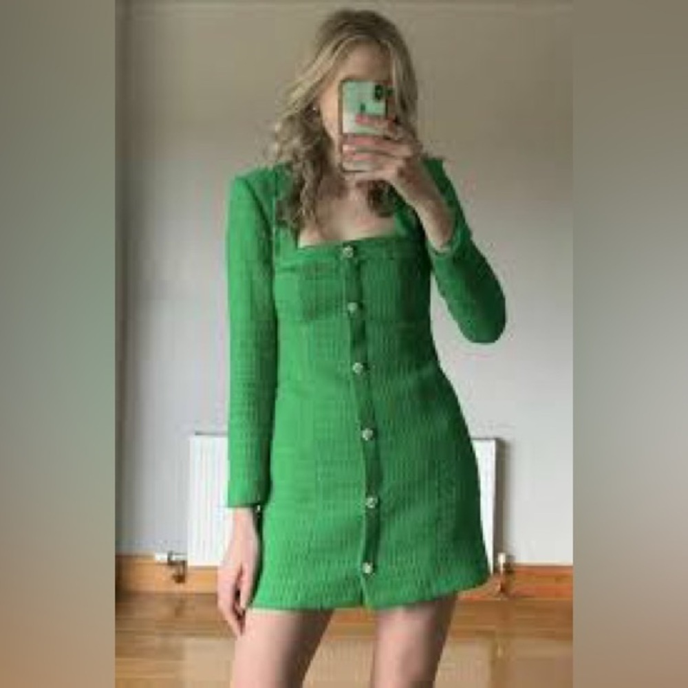 Zara Tweed Boucle squared neck long sleeves Jewel Buttons Green Dress Sz Large